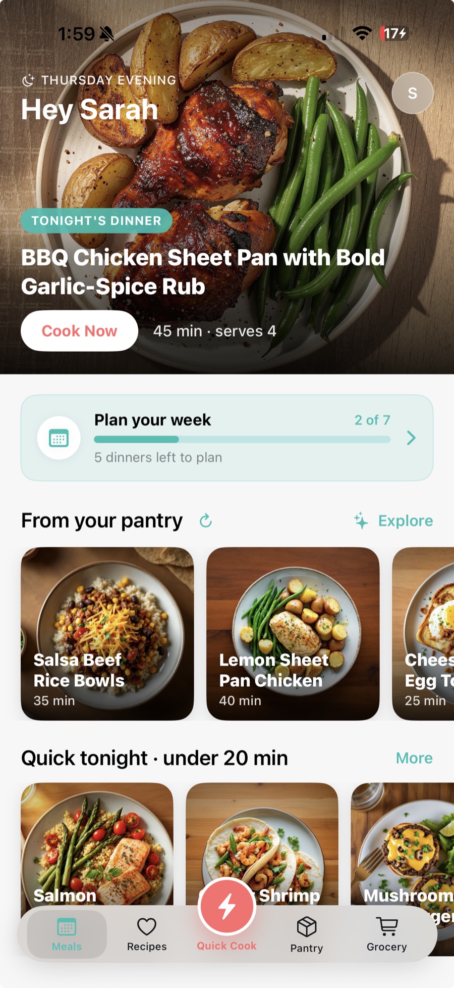 Sixish app home screen showing tonight's dinner idea and quick recipes from your pantry