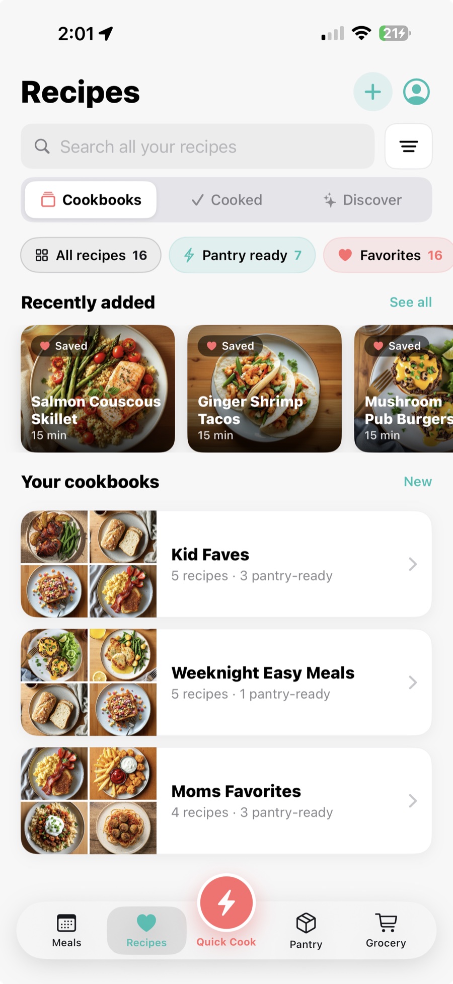 Sixish recipe library showing saved recipes organized into cookbooks